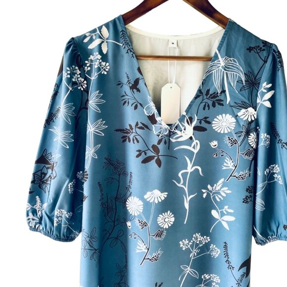 Floral V-Neck Mini Dress Sz Medium with Puff Sleeves Eco-Friendly Blue Botanical - Picture 8 of 10